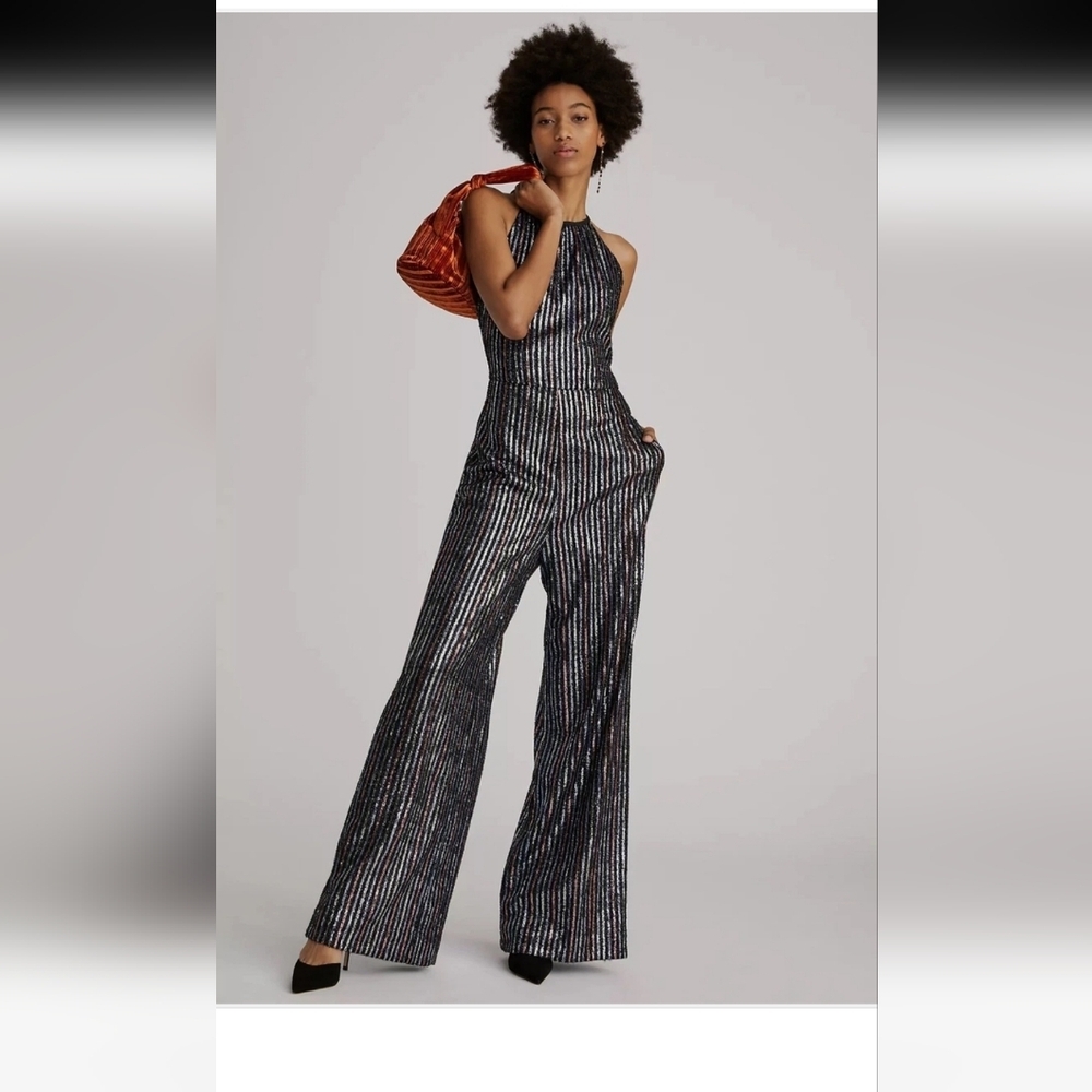 Maeve Black & Silver Striped Halter Wide-Leg Jumpsuit